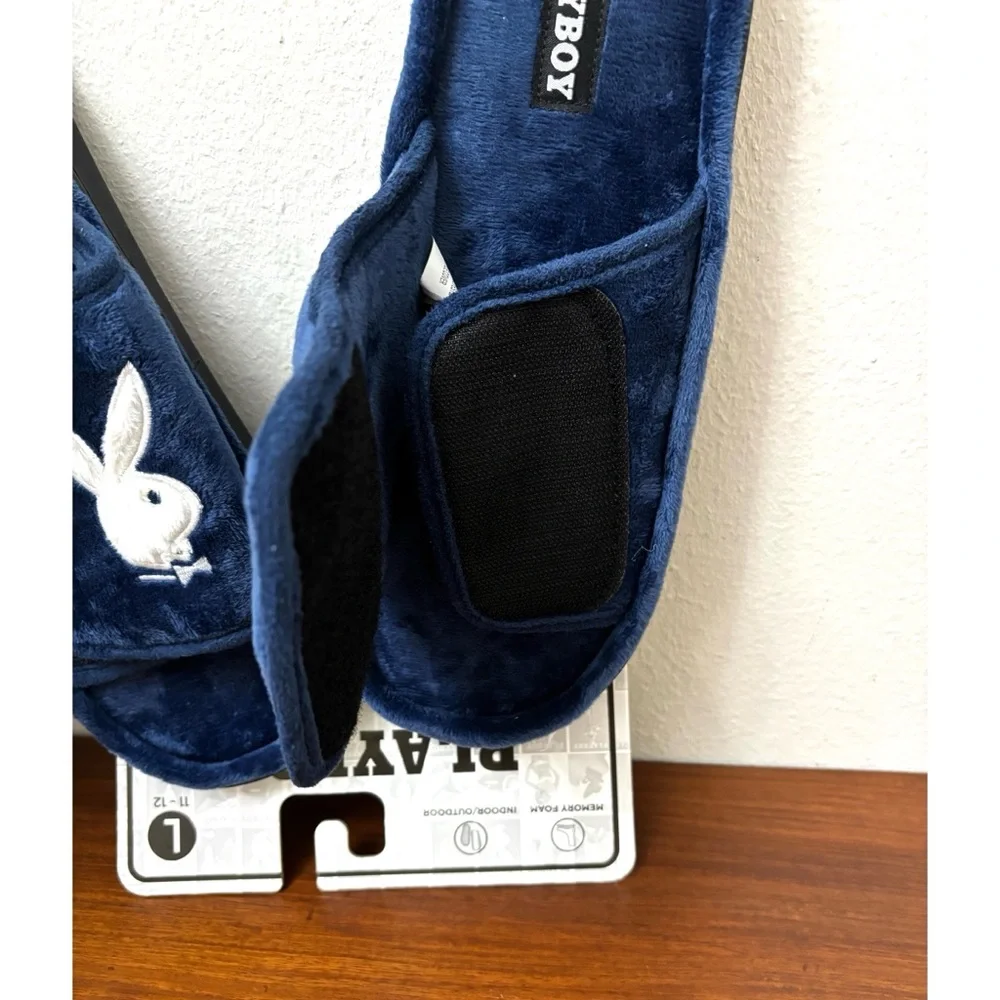 PLAYBOY MENS VELOUR SLIP ON SLIPPERS L 11/12 ROYAL BLUE MEMORY FOAM DAPPER RETRO